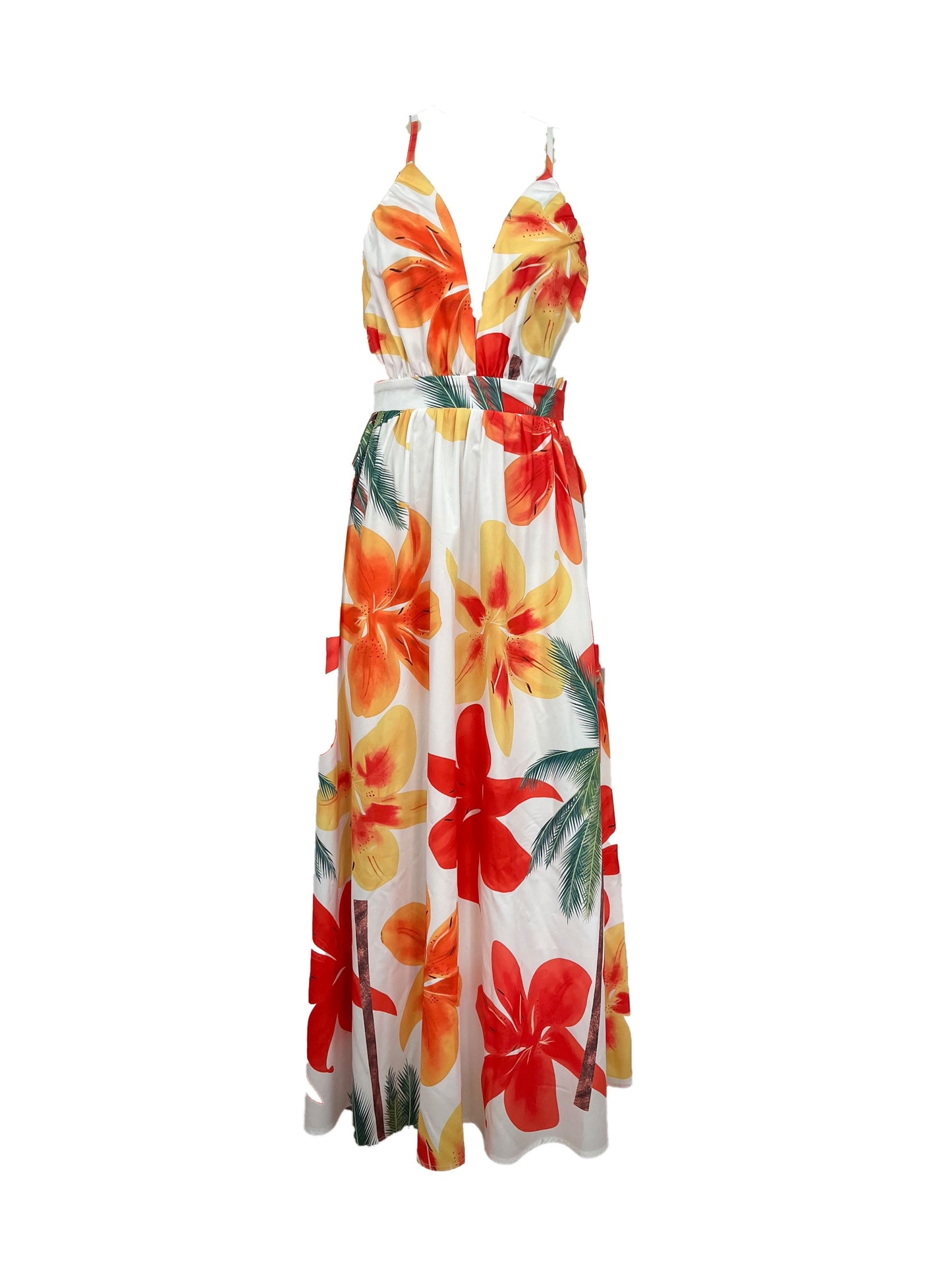 Floral Print Plunging Dress, Vacation Backless Maxi Sleeveless Dress, Women's Clothing