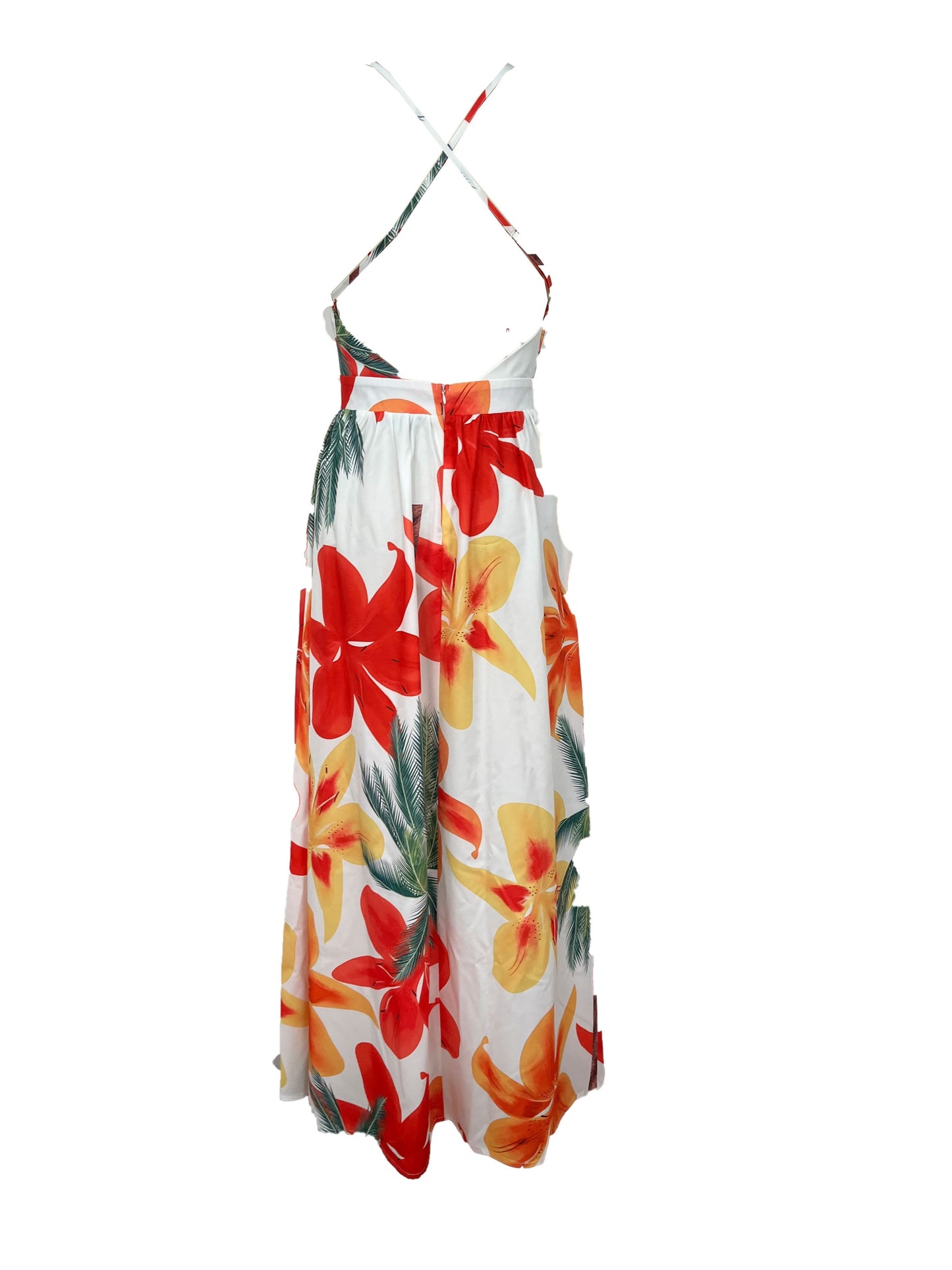 Floral Print Plunging Dress, Vacation Backless Maxi Sleeveless Dress, Women's Clothing