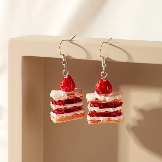 Novos Brincos de Bolo de Morango para Mulheres, Feitos à Mão em Resina, Brincos Bonitos de Limão e Melancia, Presentes de Aniversário para Meninas