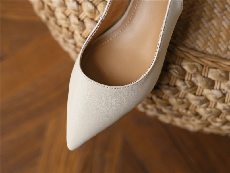 Meotina Sapatos Slingback Femininos em Couro Genuine com Fivela, Salto Fino, Bico Fino, Salto Médio para Mulheres, Calçados de Primavera