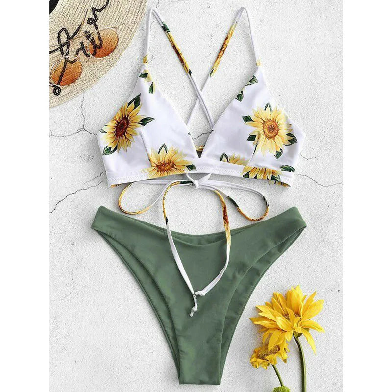 Conjunto de Biquíni Estampado de Girassol - Moda de Praia Sexy para Mulheres 2025 - Biquíni com Push Up e Almofada - Roupas de Banho - Maiô - Biquíni