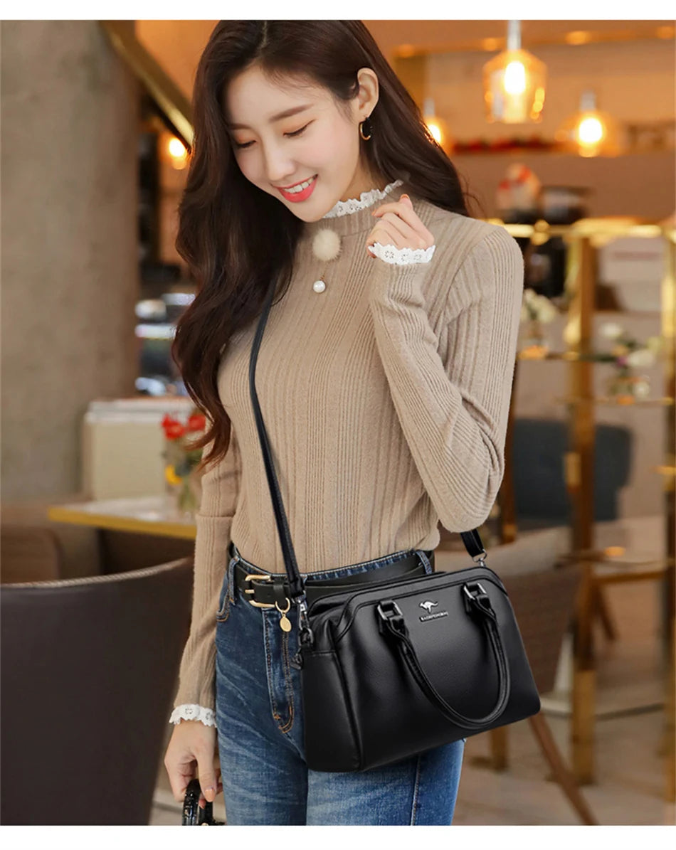 Multi-pocket Handbag Purses Genuine Cowhide Leather Shoulder Bag Luxury Designer Crossbody Messenger Sac Elegant Tote for Women