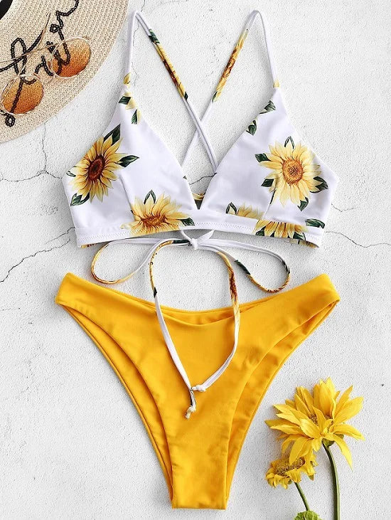 Conjunto de Biquíni Estampado de Girassol - Moda de Praia Sexy para Mulheres 2025 - Biquíni com Push Up e Almofada - Roupas de Banho - Maiô - Biquíni
