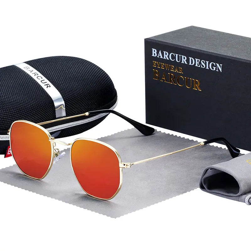 Óculos de Sol BARCUR Clássicos Retro Refletivos para Homens, Óculos de Sol Hexagonais com Armação de Metal, Óculos de Sol com Caixa.