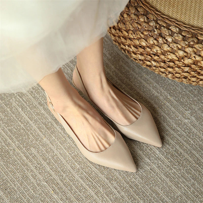 Meotina Sapatos Slingback Femininos em Couro Genuine com Fivela, Salto Fino, Bico Fino, Salto Médio para Mulheres, Calçados de Primavera
