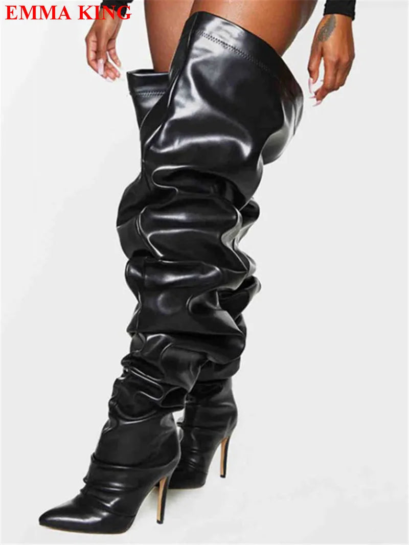 Botas femininas largas para panturrilha, slouchy, de camurça, com bico fino e salto alto, negras, acima do joelho, botas de inverno longas para cavaleiras.