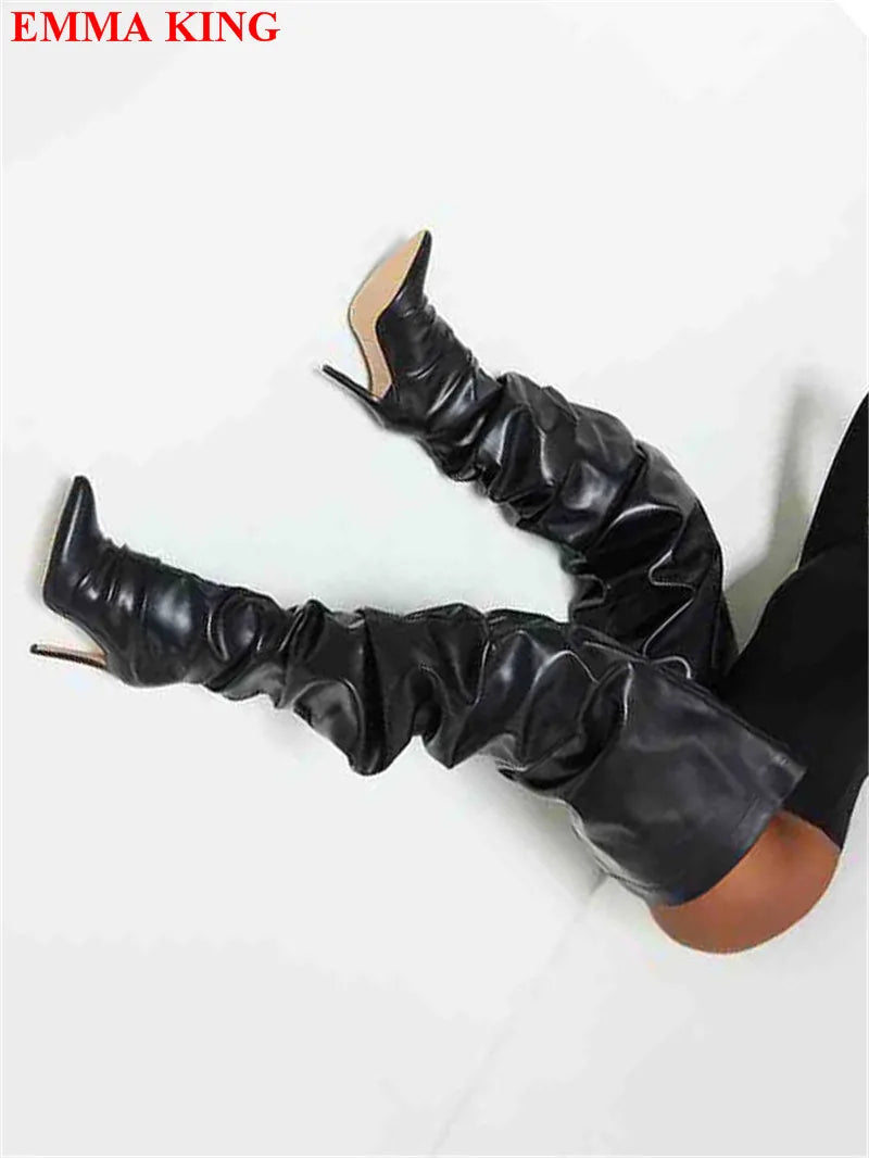Botas femininas largas para panturrilha, slouchy, de camurça, com bico fino e salto alto, negras, acima do joelho, botas de inverno longas para cavaleiras.