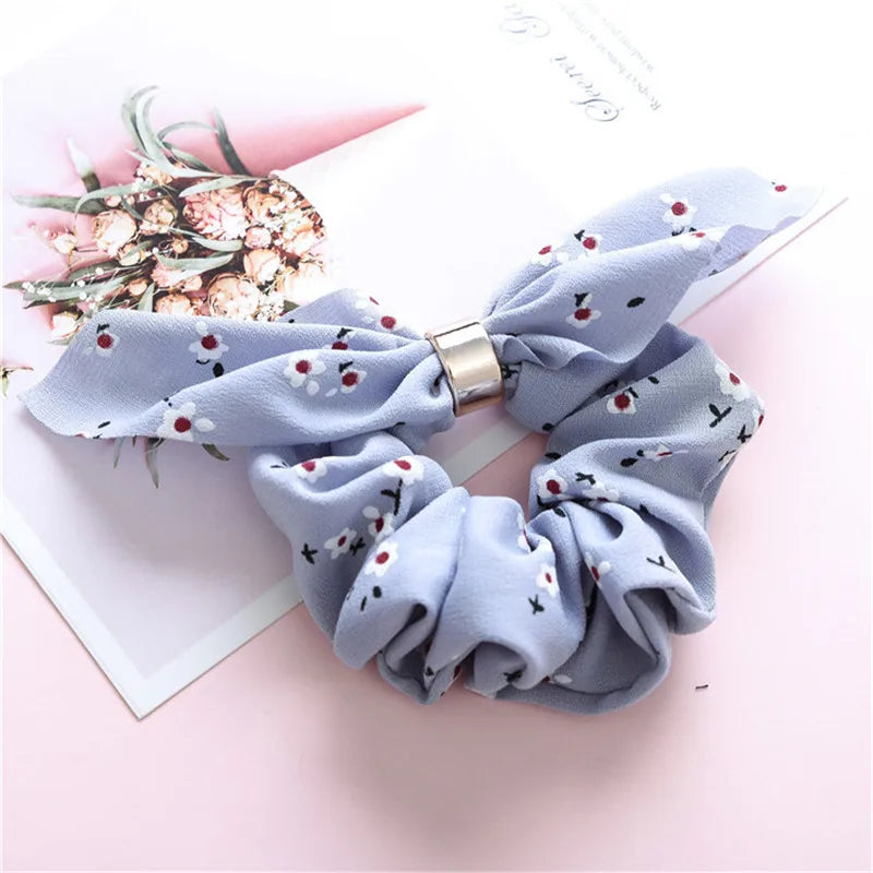 Ruoshui Coelhinhos Lindos Scrunchies Mulher Laços de Cabelo Impressos com Flores, Elásticos para Cabelo, Bandas de Borracha para Cabelo, Acessórios para Coque