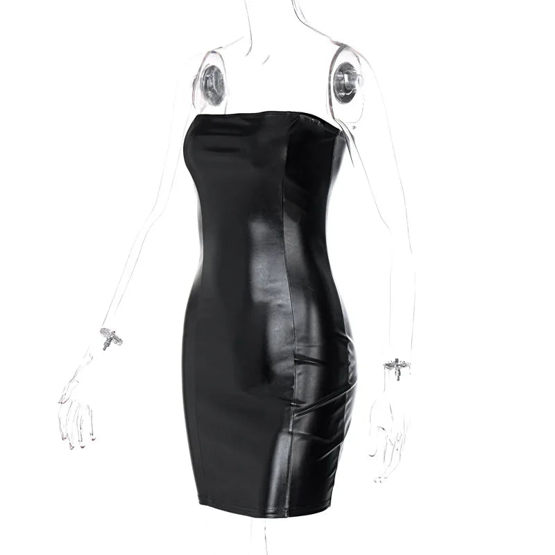 Vestido Mini Sereia Preto de Couro Sintético Sem Mangas Sexy para Festa de Verão - Roupas Femininas