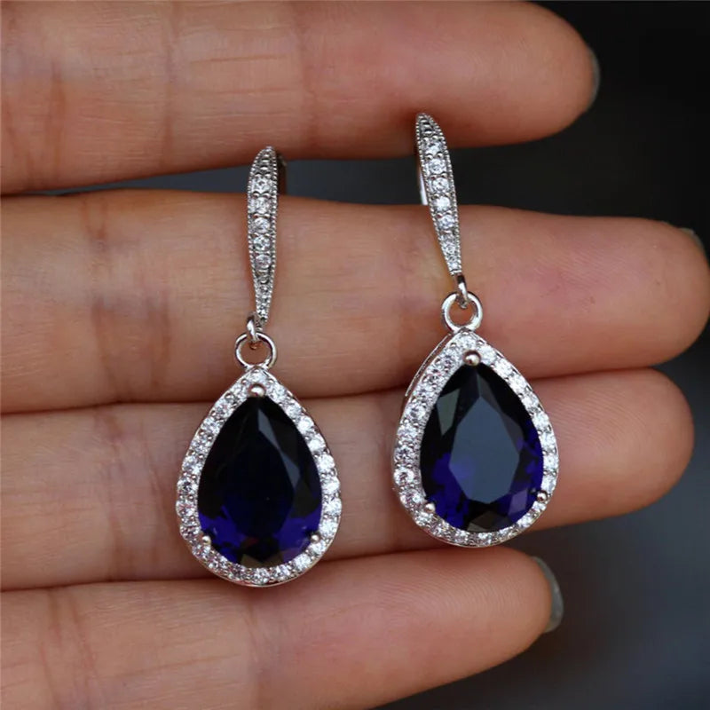 Brinco Clássico Huitan em Gota para Mulheres em Branco/Azul/Roxo com Pedra CZ Acessórios para Casamento, Noivado e Festas Joias Simples e Elegantes
