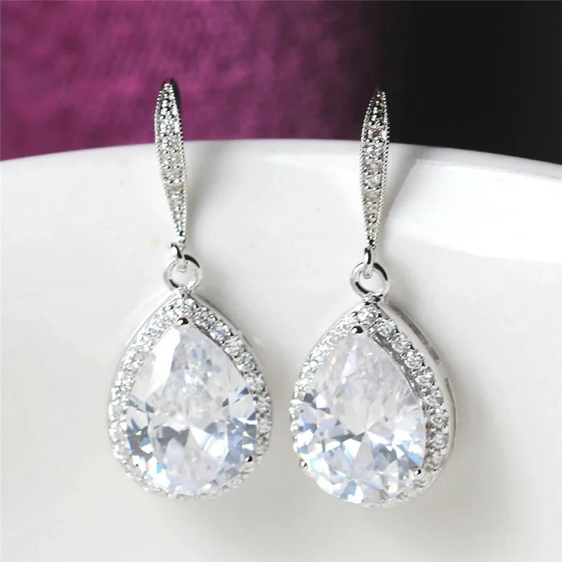 Brinco Clássico Huitan em Gota para Mulheres em Branco/Azul/Roxo com Pedra CZ Acessórios para Casamento, Noivado e Festas Joias Simples e Elegantes