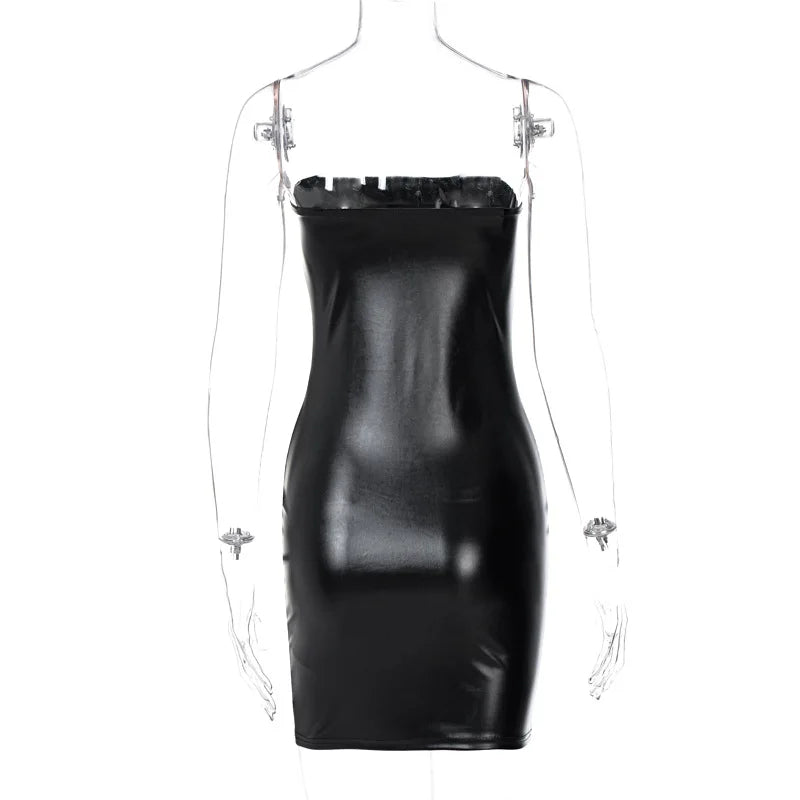 Vestido Mini Sereia Preto de Couro Sintético Sem Mangas Sexy para Festa de Verão - Roupas Femininas