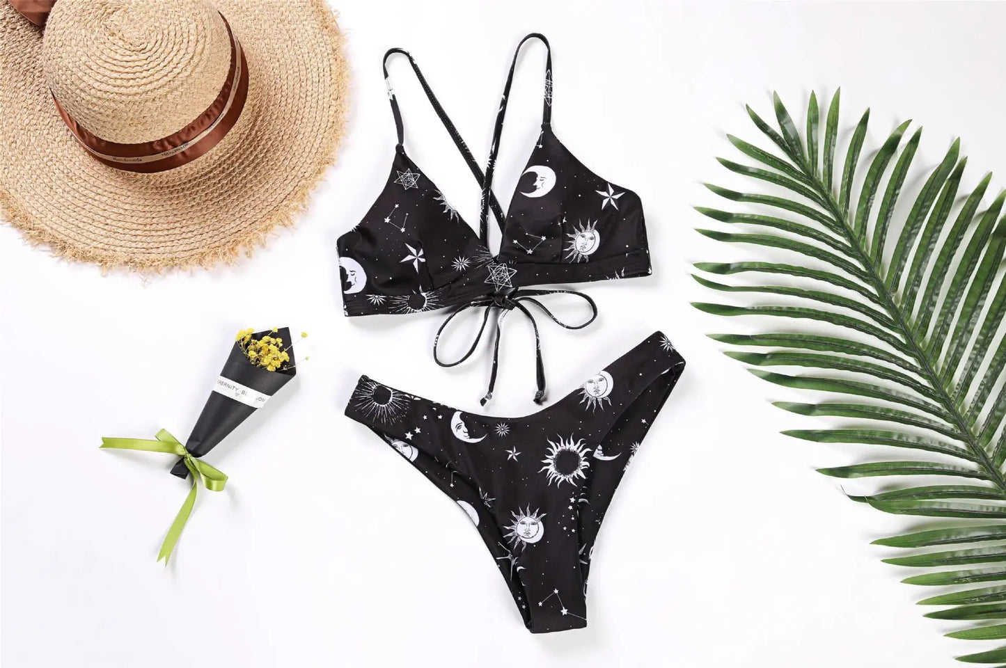 Conjunto de Biquíni Estampado de Girassol - Moda de Praia Sexy para Mulheres 2025 - Biquíni com Push Up e Almofada - Roupas de Banho - Maiô - Biquíni