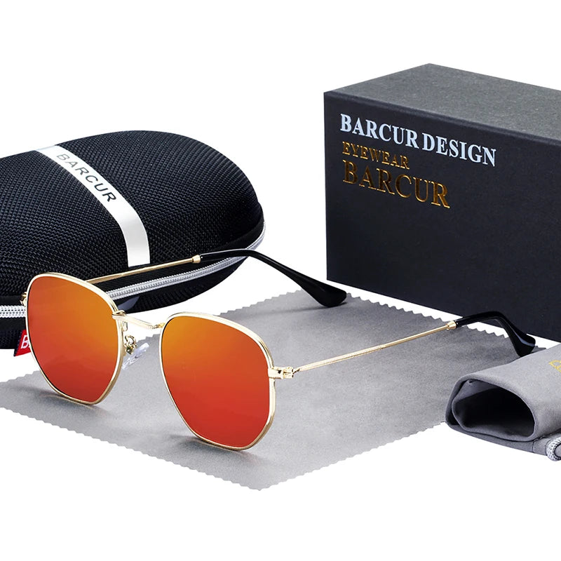 Óculos de Sol BARCUR Clássicos Retro Refletivos para Homens, Óculos de Sol Hexagonais com Armação de Metal, Óculos de Sol com Caixa.