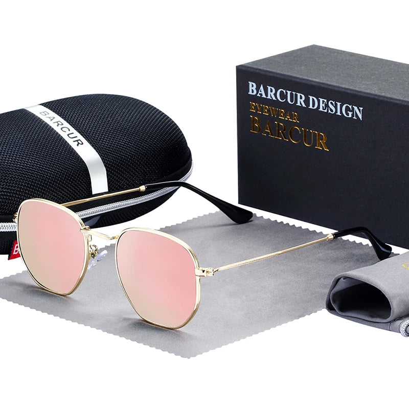 Óculos de Sol BARCUR Clássicos Retro Refletivos para Homens, Óculos de Sol Hexagonais com Armação de Metal, Óculos de Sol com Caixa.