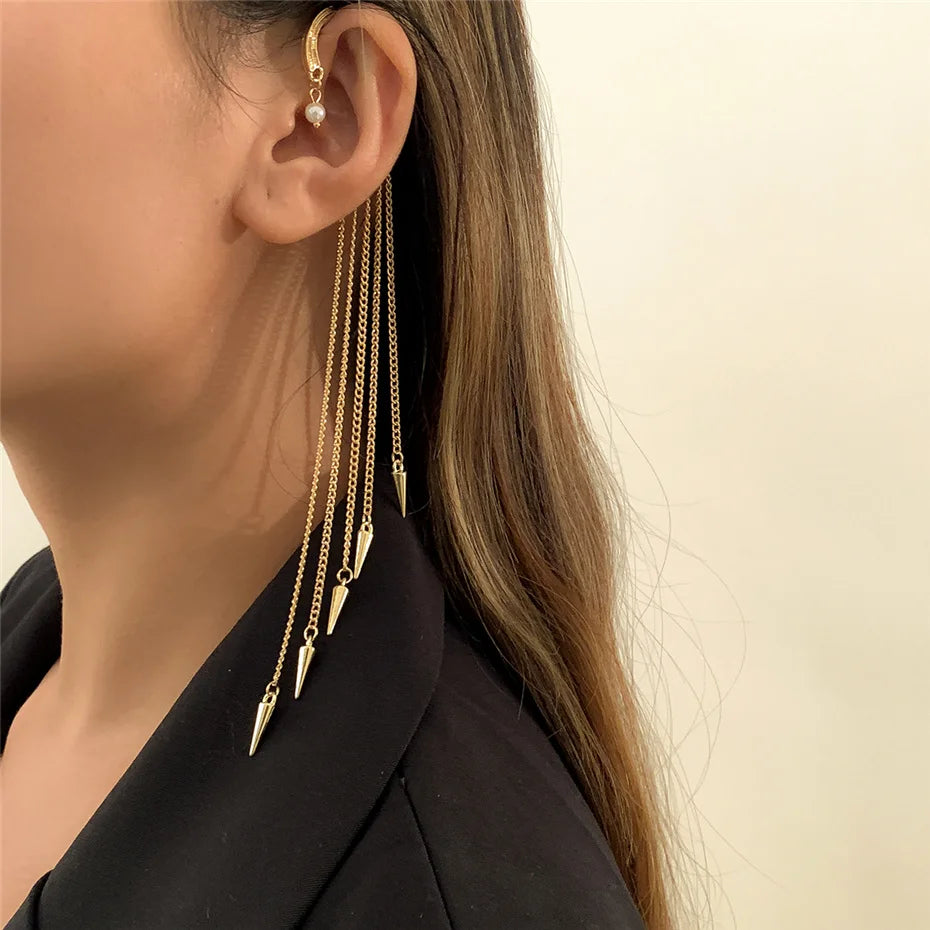 Brinco de Clip Geométrico com Pérolas Imitadas Ingemark Long Tassel Sem Perfurar Para Orelha Cuff Cartilagem Elegante Feminino Joia