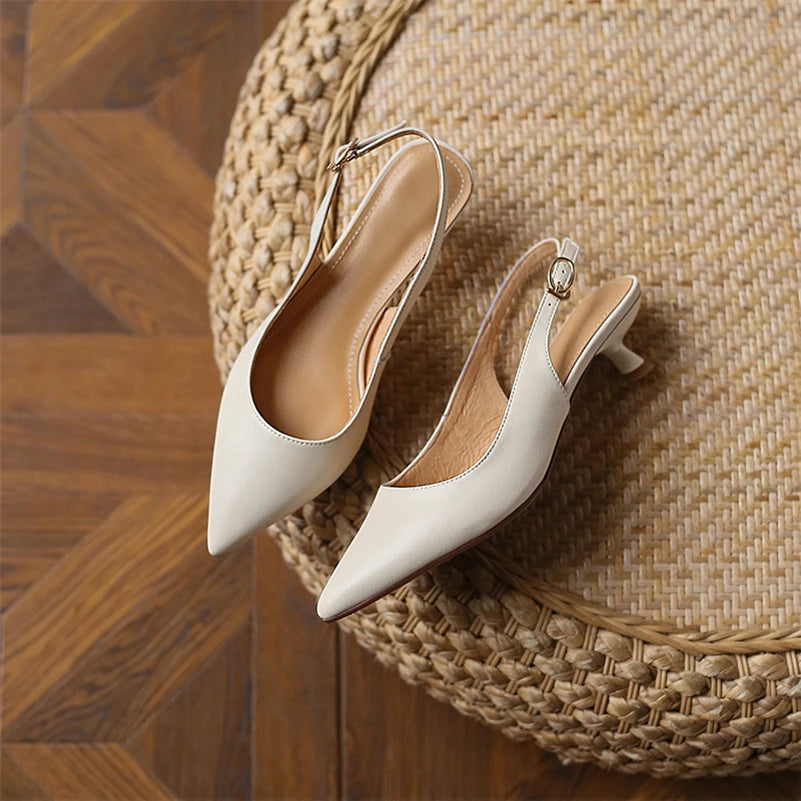 Meotina Sapatos Slingback Femininos em Couro Genuine com Fivela, Salto Fino, Bico Fino, Salto Médio para Mulheres, Calçados de Primavera