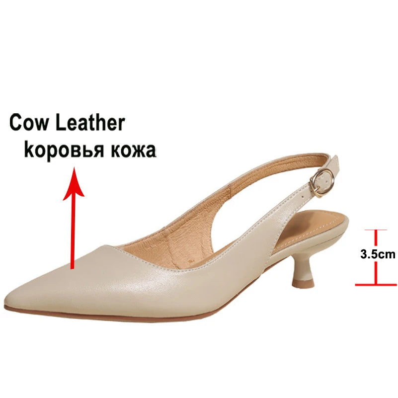 Meotina Sapatos Slingback Femininos em Couro Genuine com Fivela, Salto Fino, Bico Fino, Salto Médio para Mulheres, Calçados de Primavera