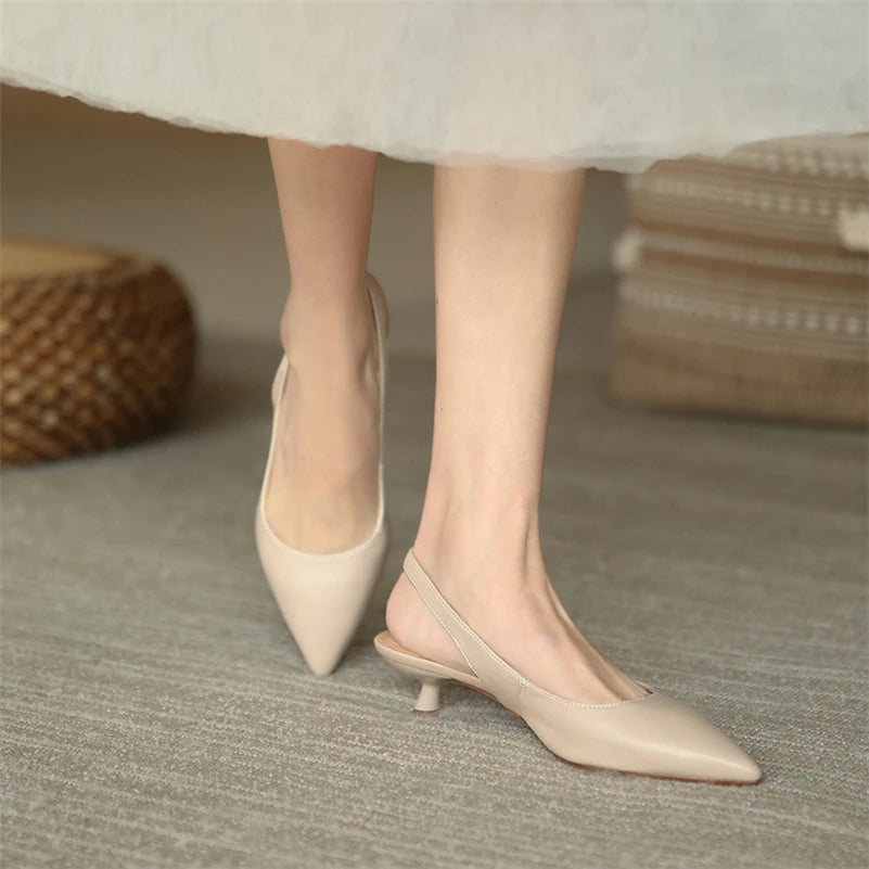 Meotina Sapatos Slingback Femininos em Couro Genuine com Fivela, Salto Fino, Bico Fino, Salto Médio para Mulheres, Calçados de Primavera