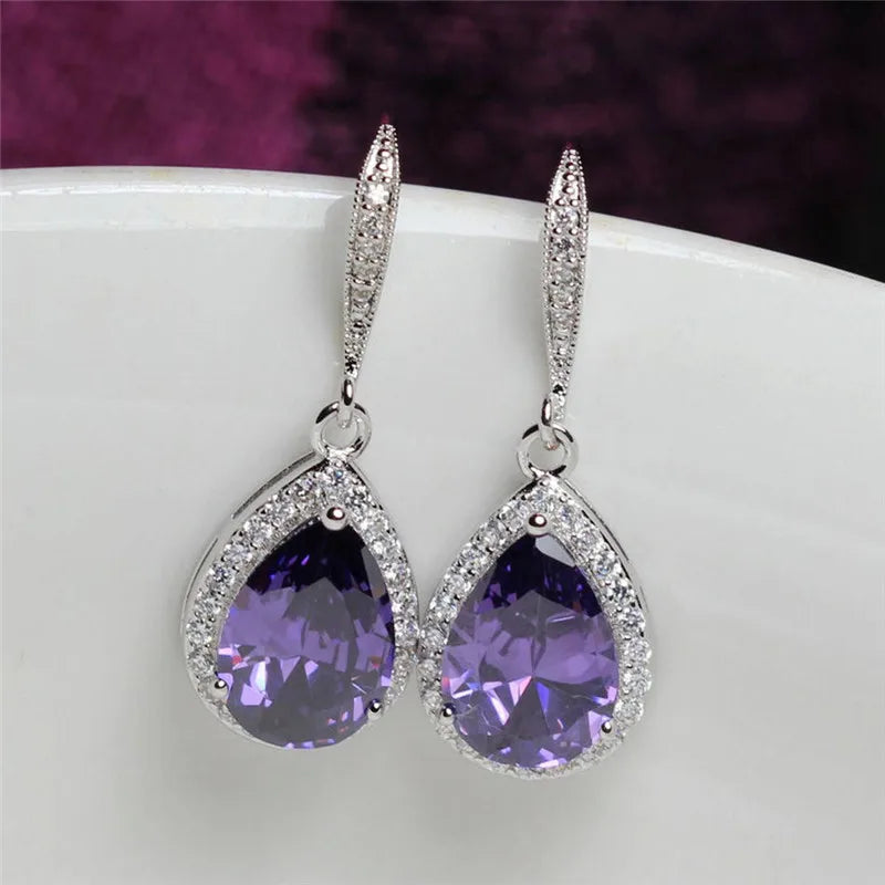 Brinco Clássico Huitan em Gota para Mulheres em Branco/Azul/Roxo com Pedra CZ Acessórios para Casamento, Noivado e Festas Joias Simples e Elegantes