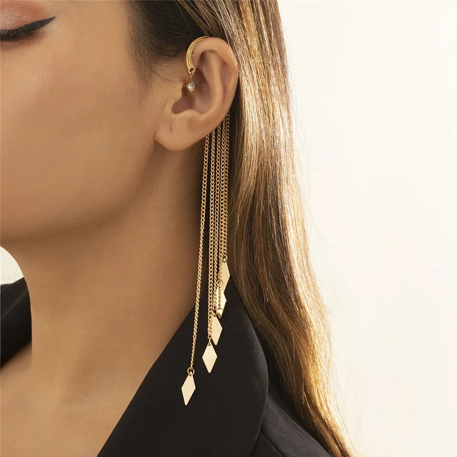 Brinco de Clip Geométrico com Pérolas Imitadas Ingemark Long Tassel Sem Perfurar Para Orelha Cuff Cartilagem Elegante Feminino Joia