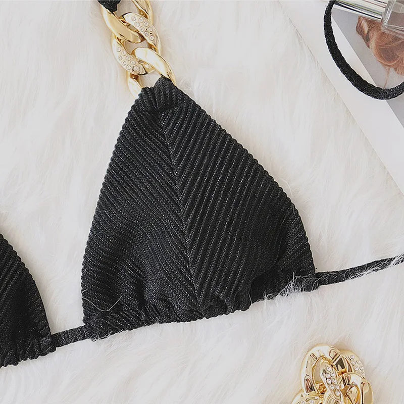 Biquíni de Cadeia de Halter com Diamante de Strass para Mulheres, Roupa de Banho Feminina, Conjunto de Biquíni com Duas Peças, Roupa de Banho Brasileira