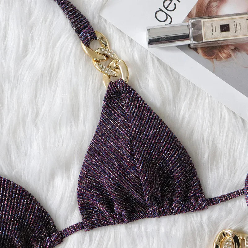 Biquíni de Cadeia de Halter com Diamante de Strass para Mulheres, Roupa de Banho Feminina, Conjunto de Biquíni com Duas Peças, Roupa de Banho Brasileira