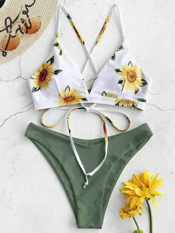 Conjunto de Biquíni Estampado de Girassol - Moda de Praia Sexy para Mulheres 2025 - Biquíni com Push Up e Almofada - Roupas de Banho - Maiô - Biquíni