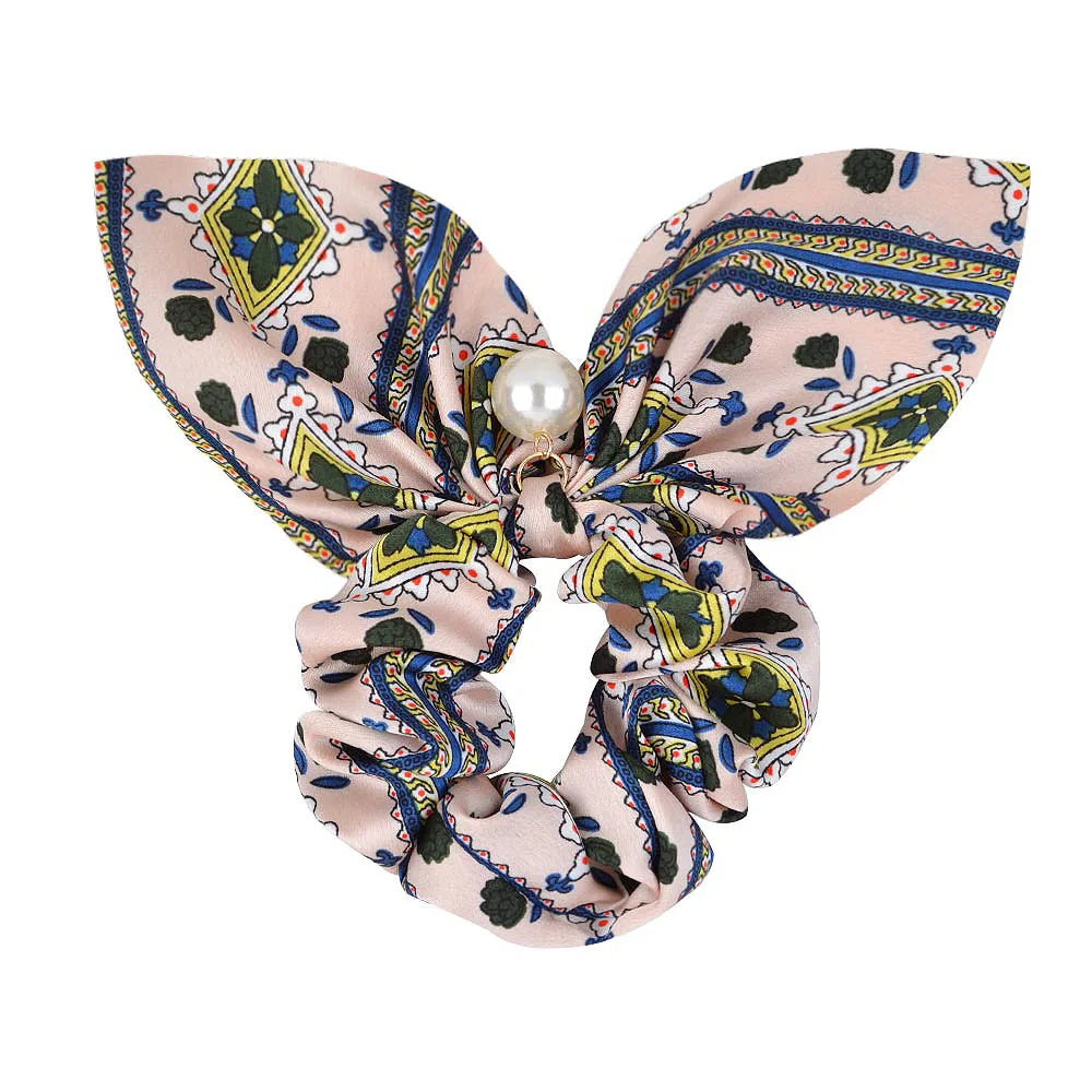 Ruoshui Coelhinhos Lindos Scrunchies Mulher Laços de Cabelo Impressos com Flores, Elásticos para Cabelo, Bandas de Borracha para Cabelo, Acessórios para Coque