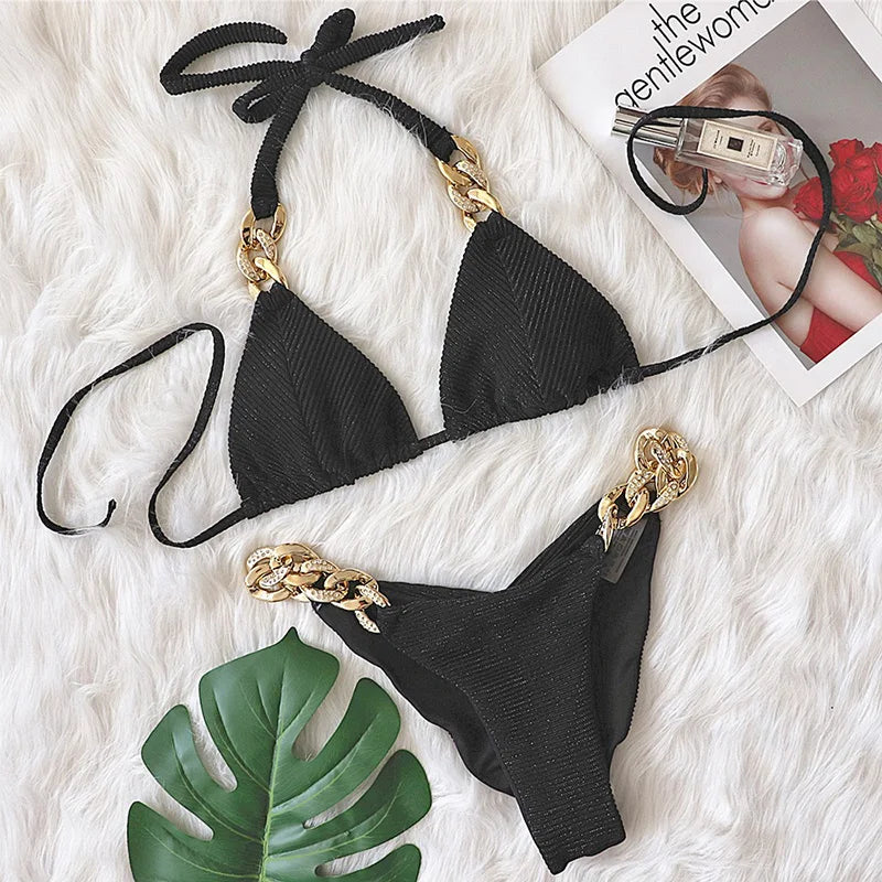 Biquíni de Cadeia de Halter com Diamante de Strass para Mulheres, Roupa de Banho Feminina, Conjunto de Biquíni com Duas Peças, Roupa de Banho Brasileira
