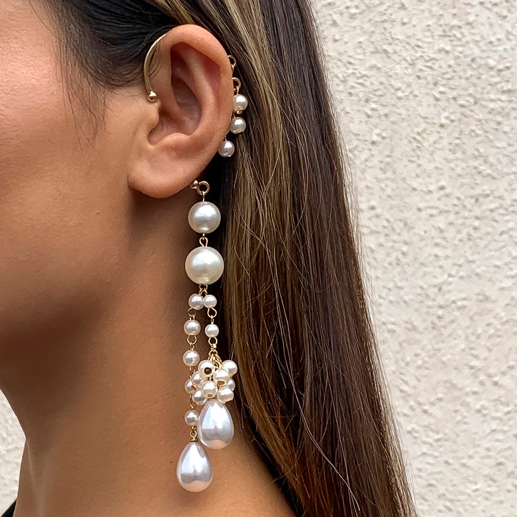 Brinco de Clip Geométrico com Pérolas Imitadas Ingemark Long Tassel Sem Perfurar Para Orelha Cuff Cartilagem Elegante Feminino Joia