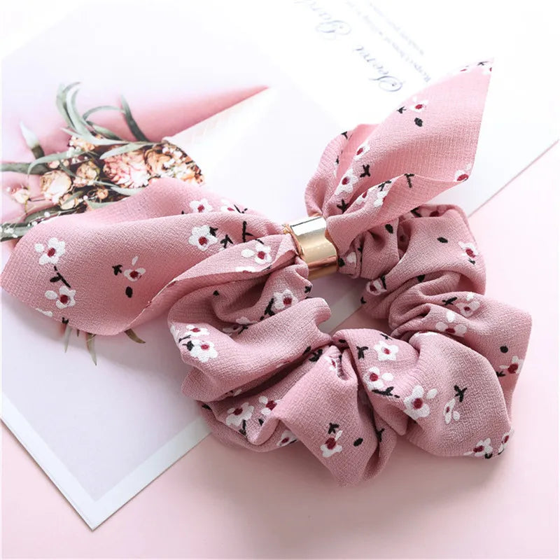 Ruoshui Coelhinhos Lindos Scrunchies Mulher Laços de Cabelo Impressos com Flores, Elásticos para Cabelo, Bandas de Borracha para Cabelo, Acessórios para Coque
