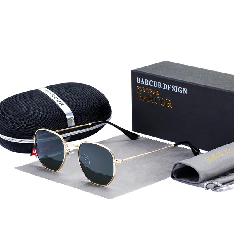 Óculos de Sol BARCUR Clássicos Retro Refletivos para Homens, Óculos de Sol Hexagonais com Armação de Metal, Óculos de Sol com Caixa.