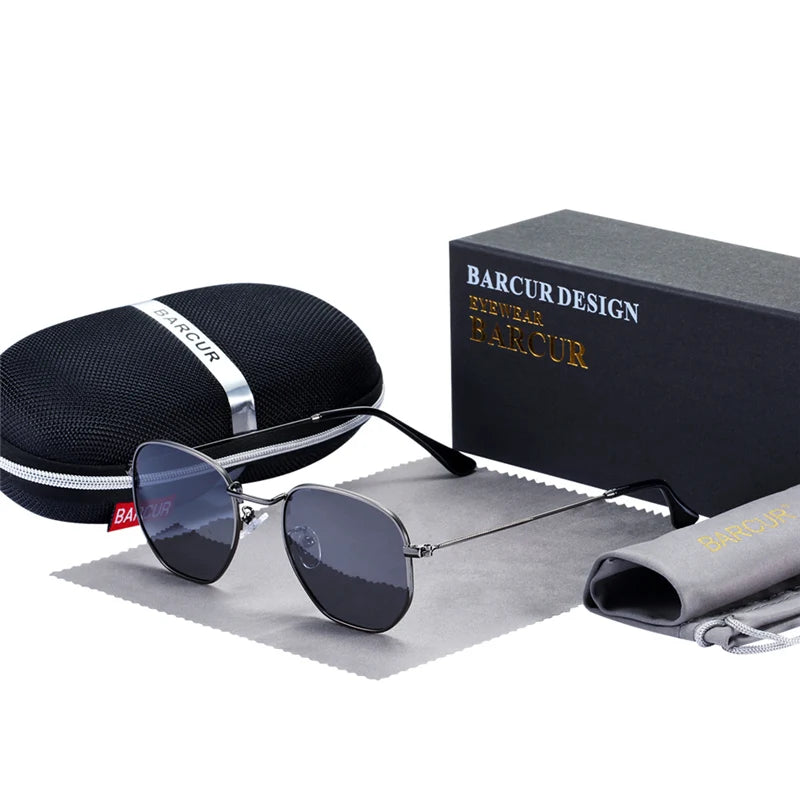 Óculos de Sol BARCUR Clássicos Retro Refletivos para Homens, Óculos de Sol Hexagonais com Armação de Metal, Óculos de Sol com Caixa.