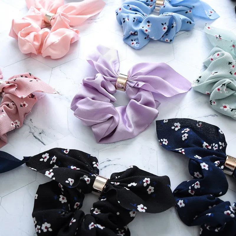 Ruoshui Coelhinhos Lindos Scrunchies Mulher Laços de Cabelo Impressos com Flores, Elásticos para Cabelo, Bandas de Borracha para Cabelo, Acessórios para Coque