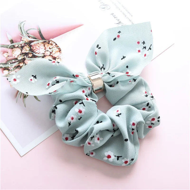 Ruoshui Coelhinhos Lindos Scrunchies Mulher Laços de Cabelo Impressos com Flores, Elásticos para Cabelo, Bandas de Borracha para Cabelo, Acessórios para Coque