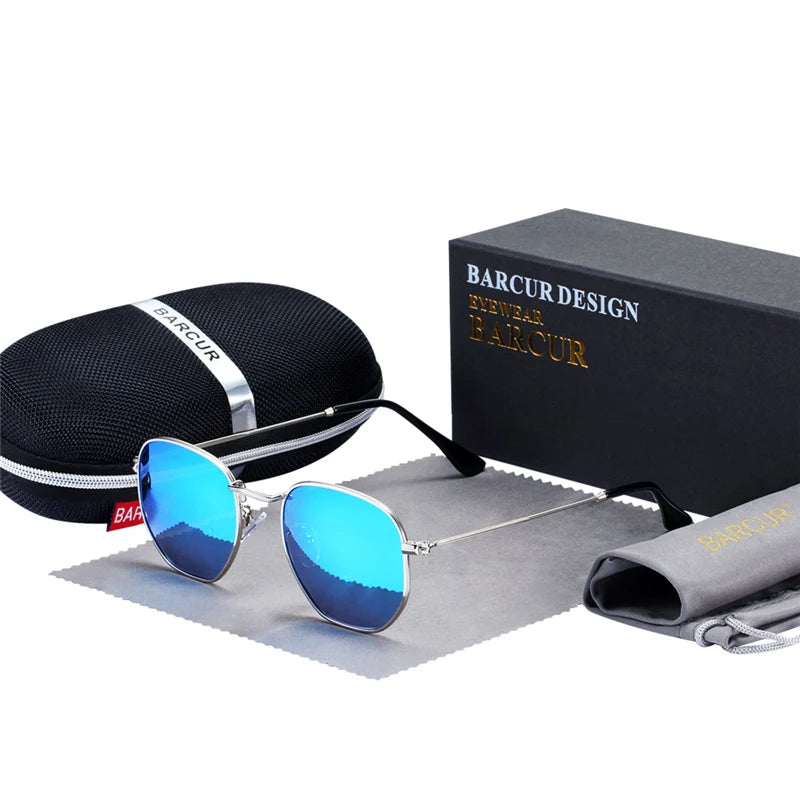 Óculos de Sol BARCUR Clássicos Retro Refletivos para Homens, Óculos de Sol Hexagonais com Armação de Metal, Óculos de Sol com Caixa.