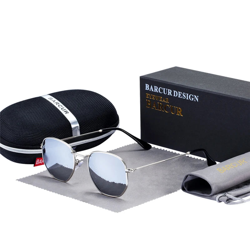 Óculos de Sol BARCUR Clássicos Retro Refletivos para Homens, Óculos de Sol Hexagonais com Armação de Metal, Óculos de Sol com Caixa.