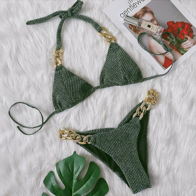 Biquíni de Cadeia de Halter com Diamante de Strass para Mulheres, Roupa de Banho Feminina, Conjunto de Biquíni com Duas Peças, Roupa de Banho Brasileira