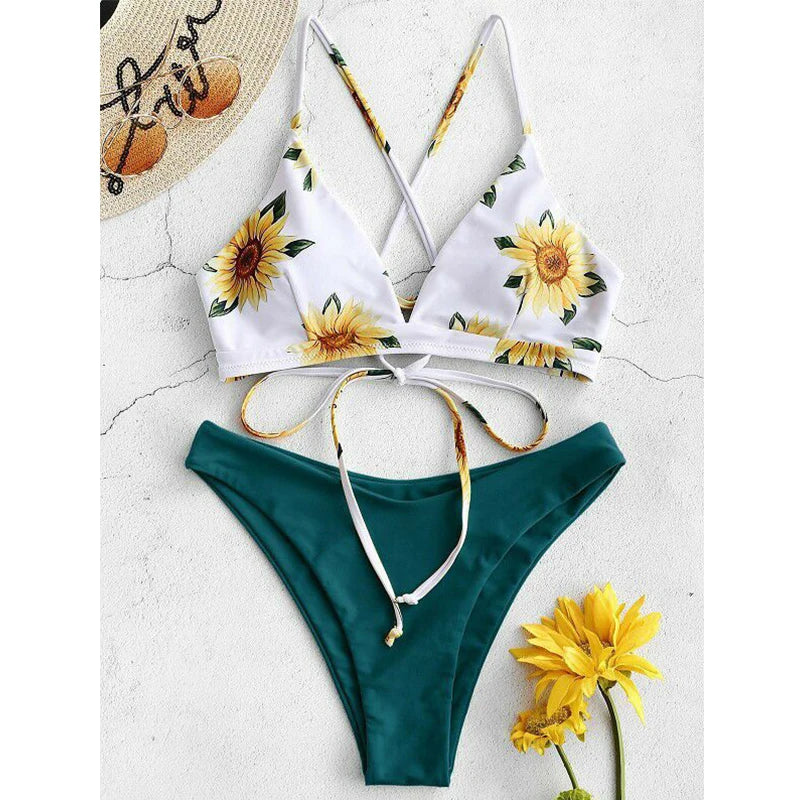Conjunto de Biquíni Estampado de Girassol - Moda de Praia Sexy para Mulheres 2025 - Biquíni com Push Up e Almofada - Roupas de Banho - Maiô - Biquíni