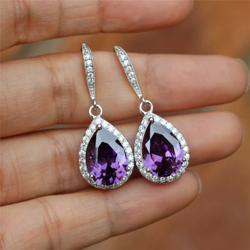 Brinco Clássico Huitan em Gota para Mulheres em Branco/Azul/Roxo com Pedra CZ Acessórios para Casamento, Noivado e Festas Joias Simples e Elegantes