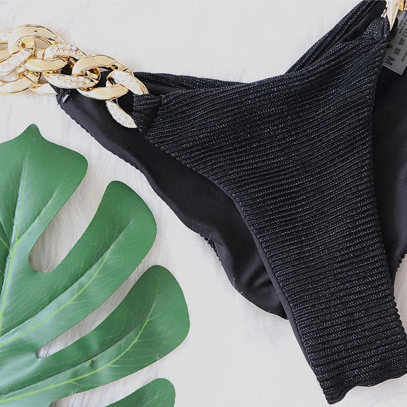 Biquíni de corrente de halter com strass e diamantes para mulheres, maiô feminino com tecido canelado, conjunto de dois peças de biquíni, traje de banho brasileiro.