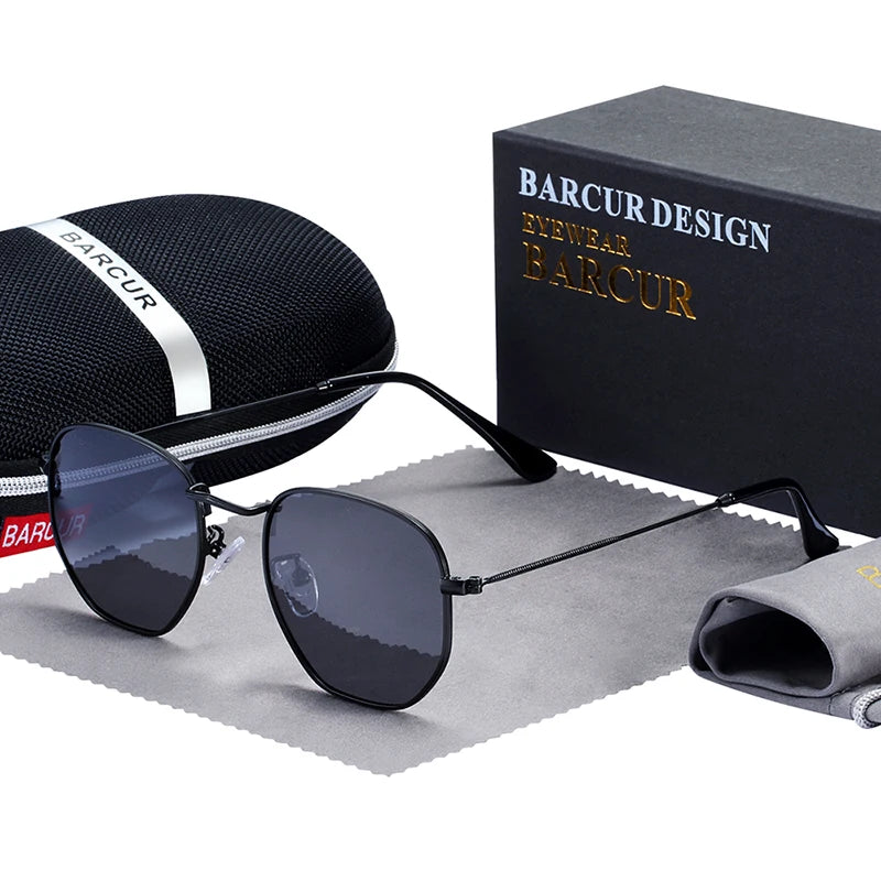 Óculos de Sol BARCUR Clássicos Retro Refletivos para Homens, Óculos de Sol Hexagonais com Armação de Metal, Óculos de Sol com Caixa.