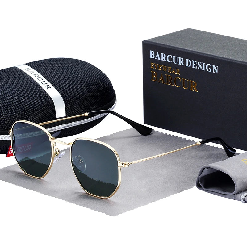 Óculos de Sol BARCUR Clássicos Retro Refletivos para Homens, Óculos de Sol Hexagonais com Armação de Metal, Óculos de Sol com Caixa.