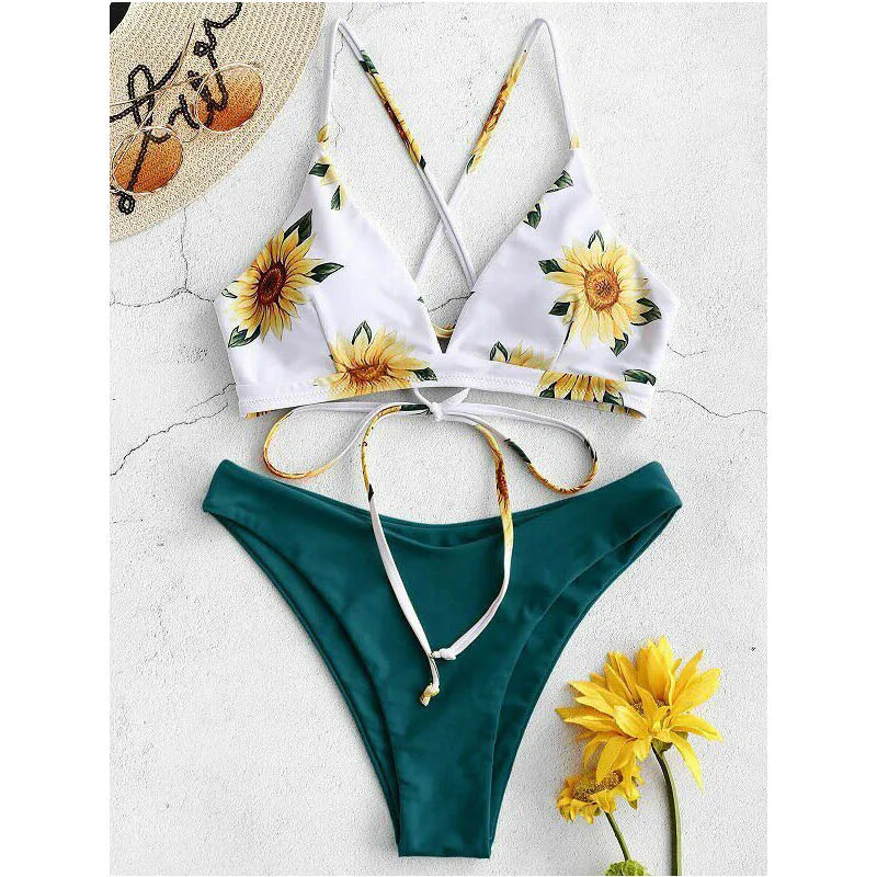 Conjunto de Biquíni Estampado de Girassol - Moda de Praia Sexy para Mulheres 2025 - Biquíni com Push Up e Almofada - Roupas de Banho - Maiô - Biquíni