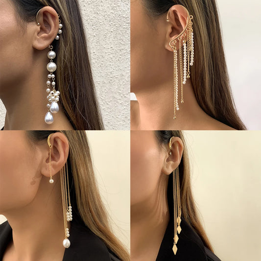 Brinco de Clip Geométrico com Pérolas Imitadas Ingemark Long Tassel Sem Perfurar Para Orelha Cuff Cartilagem Elegante Feminino Joia