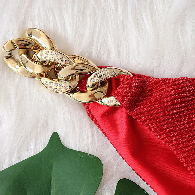 Biquíni de Cadeia de Halter com Diamante de Strass para Mulheres, Roupa de Banho Feminina, Conjunto de Biquíni com Duas Peças, Roupa de Banho Brasileira