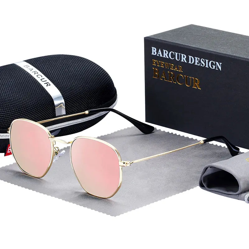 Óculos de Sol BARCUR Clássicos Retro Refletivos para Homens, Óculos de Sol Hexagonais com Armação de Metal, Óculos de Sol com Caixa.