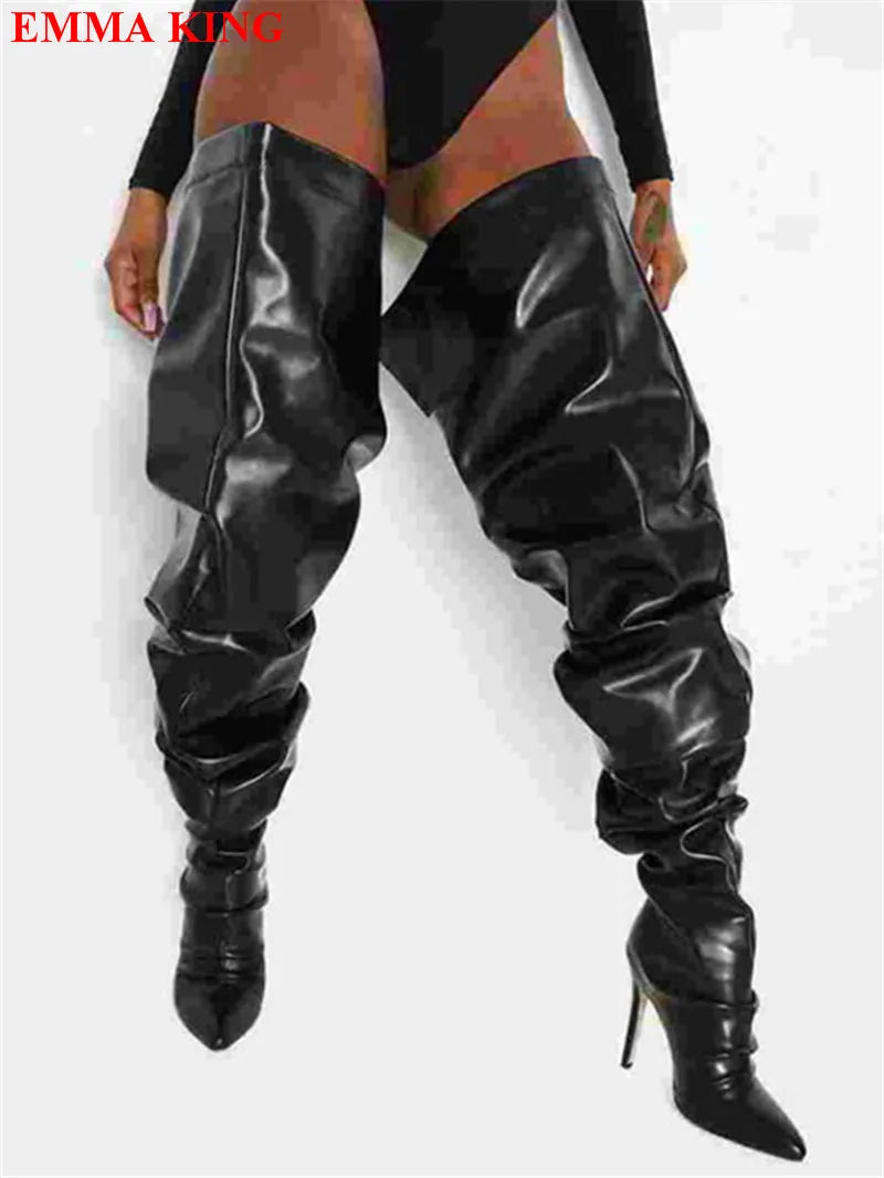 Botas femininas largas para panturrilha, slouchy, de camurça, com bico fino e salto alto, negras, acima do joelho, botas de inverno longas para cavaleiras.