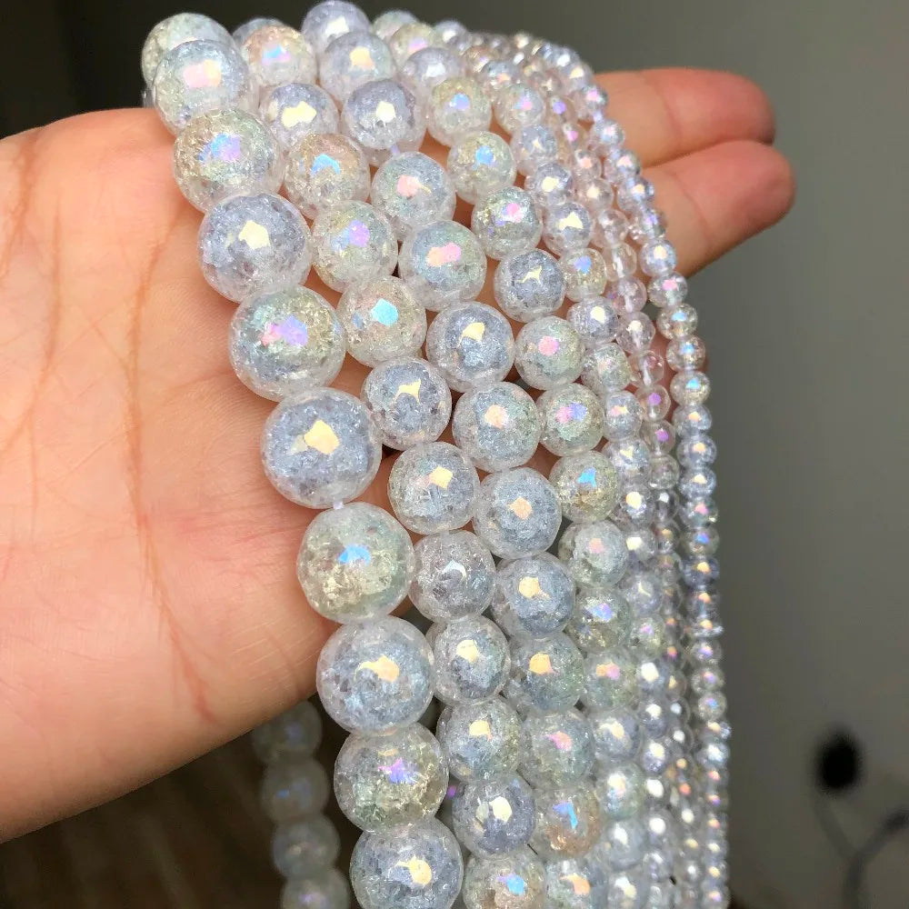 Contas de Cristal de Quartzo Branquíssimo Natural Facetado AB com Rachaduras para Joalheria, DIY Bracelete e Colar, 15 Polegadas, 4 6 8 10 12mm